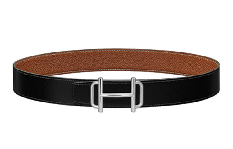 HERMES HERMES Constance Calfskin Leather Belts Men's Black/Gold Width 3.8cm
