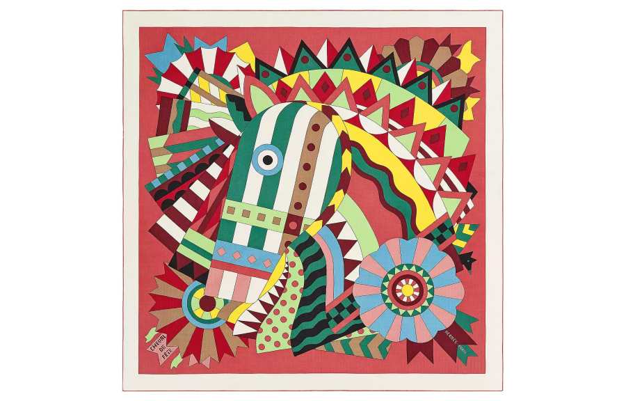 HERMES Celebration Galloping Horse Knit Scarves Women's Dark Pink/Green/Yellow