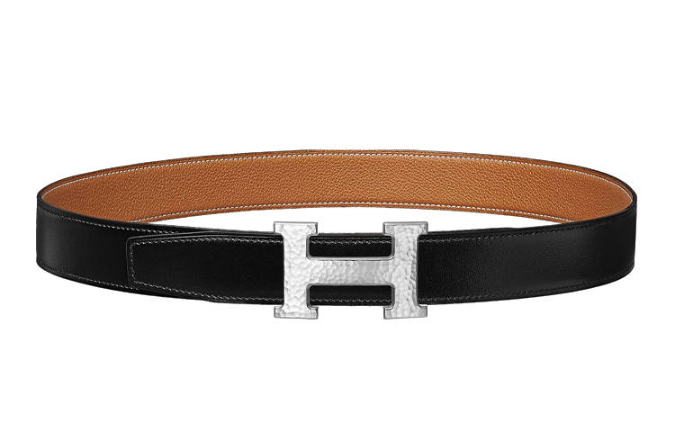 HERMES H Martelee Metal Calfskin Leather Belts Men's Width 3.2cm