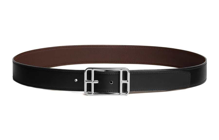 HERMES HERMES Cape Cod Calfskin Leather Belts Men's Black/Chocolate Width 3.2cm