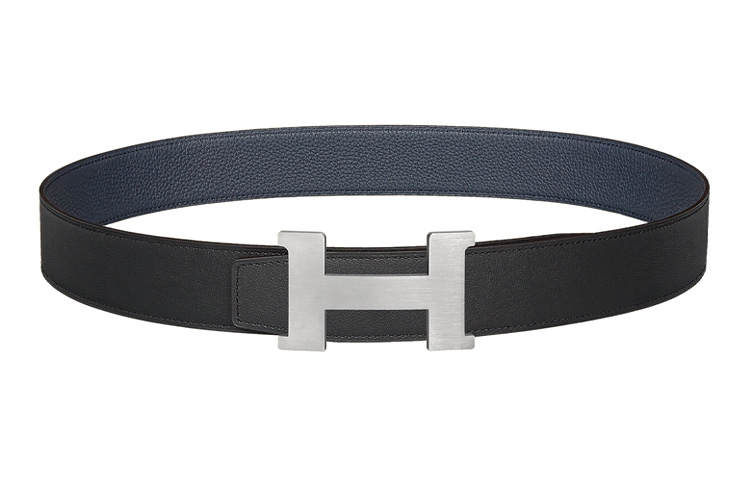 HERMES HERMES Calfskin Leather Belts Men's Black/Blue Width 3.8cm