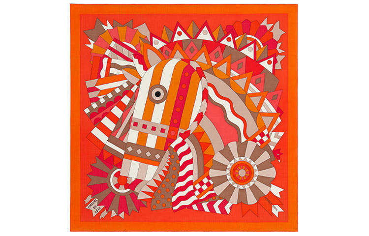 HERMES Celebration Galloping Horse Knit Scarves Women's Orange Vermilion
