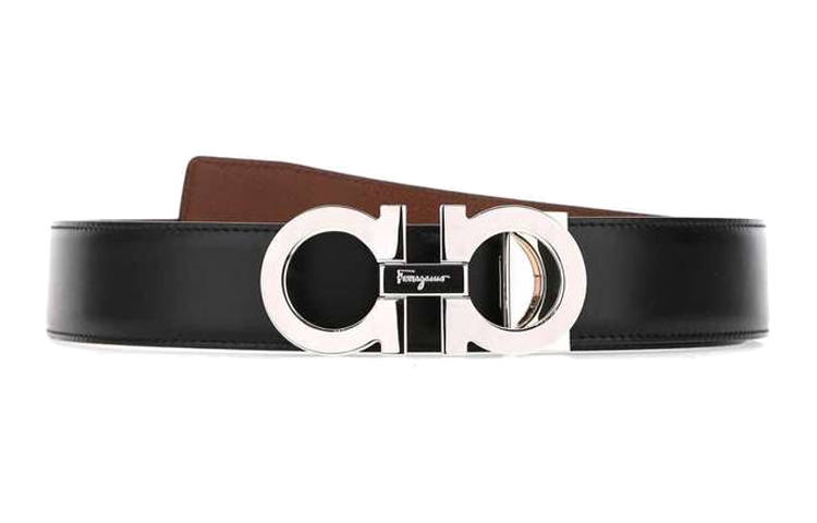 FERRAGAMO Metal Calfskin Leather Belts Men's Black Width 3.3cm