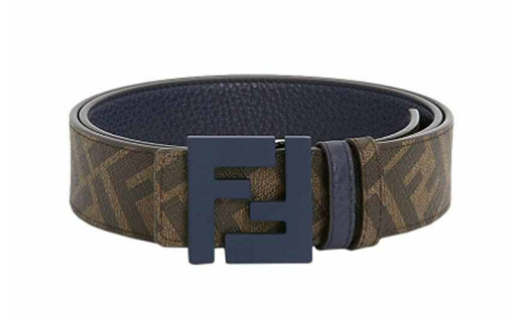 FENDI Calfskin Leather Belts Men's Brown/Blue Width 3.5cm