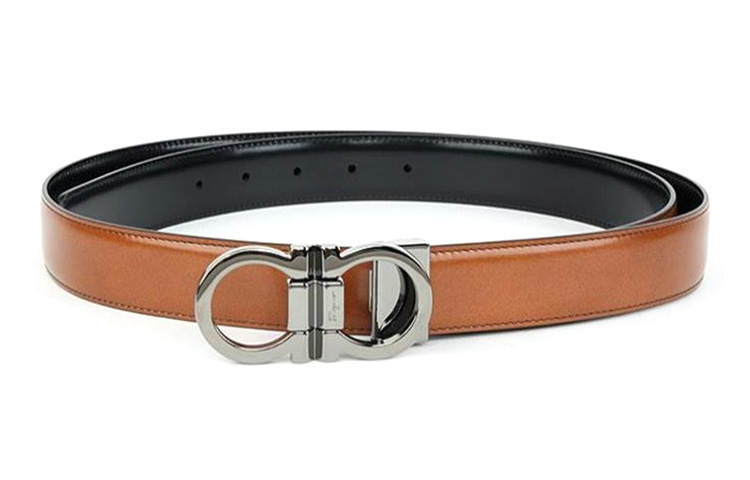 FERRAGAMO Calfskin Leather Belts Men's Brown Yellow Width 3.5cm