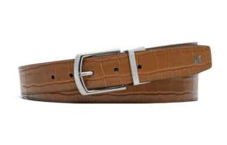 MICHAEL KORS Men's Crocodile Embossed Double Sided Logo Buckle Belt Camel Brown