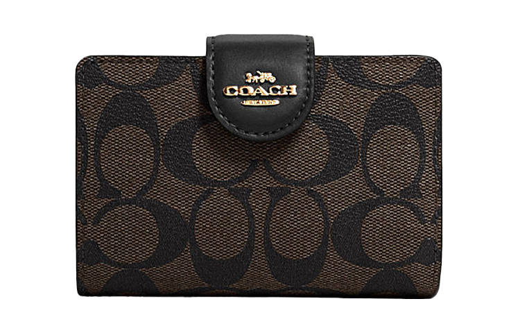COACH Corner Zip Canvas With Leather Wrist Bag Clutch Pochette Wallet Medium Women's Dark Brown Black