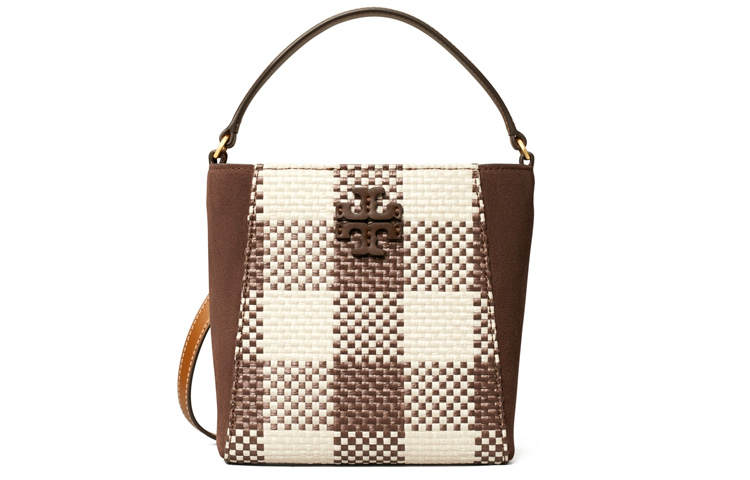 TORY BURCH McGraw Woven With Cow Leather Bucket Bag, One Shoulder Handbag Small Women's Coffee Multicolor