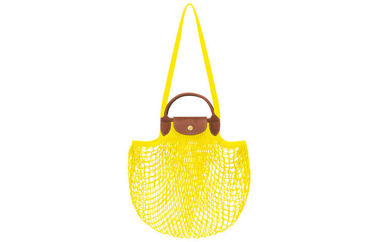 LONGCHAMP Le Pliage Filet Fabric With Leather Mesh Pocket Grid Bag Handbag Large Women's Neon Yellow