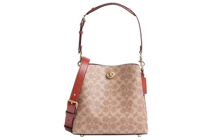 COACH COACH Willow Leather Shoulder Bag Women's Red Brown & Brown Monogram