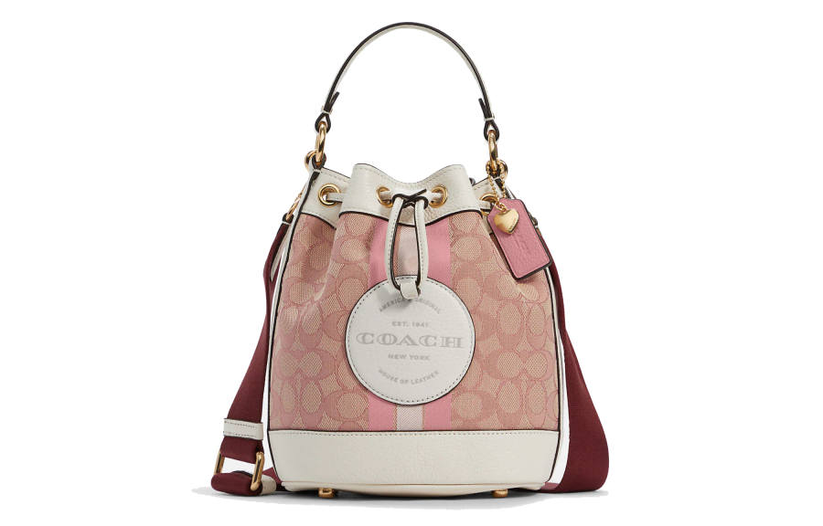COACH Dempsey Fabric With Leather Bucket Bag, Shoulder Bag, Crossbody Bag, Handbag Small Women's Cherry Blossom Pink