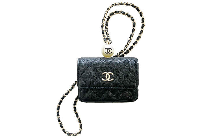 CHANEL Cow Leather Necklace Pouch Small Women's Black