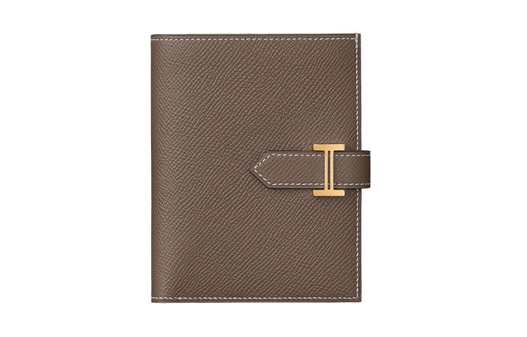 HERMES Bearn Gold tone Lock Epsom Calfskin Short Wallet Women's Elephant Gray