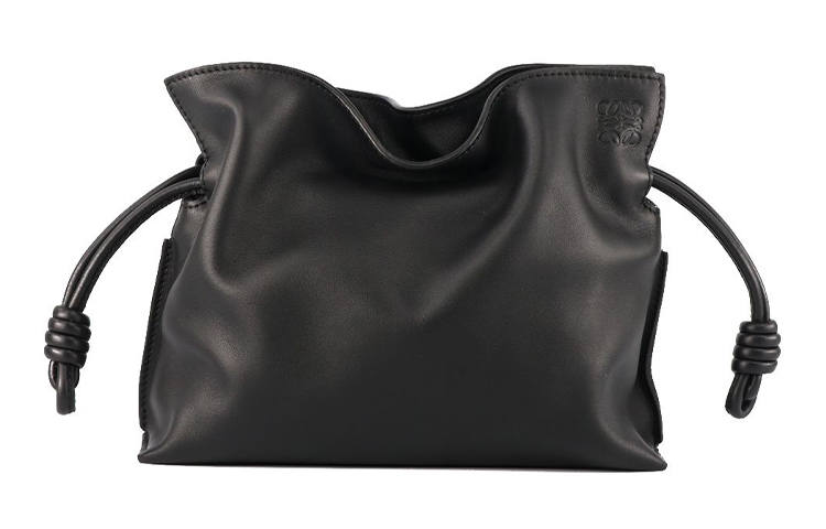 LOEWE Flamenco Drawstring Closure Lambskin Clutch Shoulder Bag Women's Black