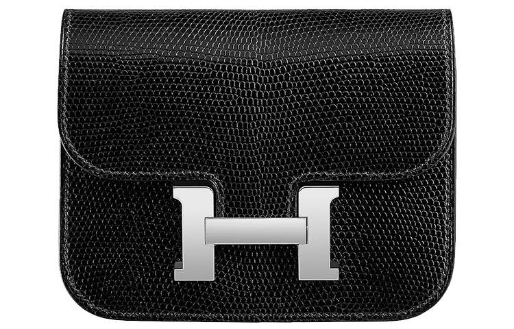 HERMES Constance Slim Silver Tone Buckle Lizard Skin Wallet, Card Holder, Fanny Pack Women's Black