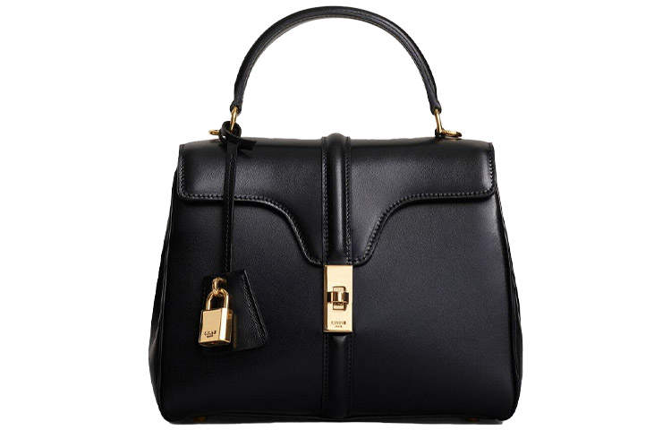 CELINE 16 Flap Closure Satin Cow Leather Handbag, Shoulder Bag Small Women's Black