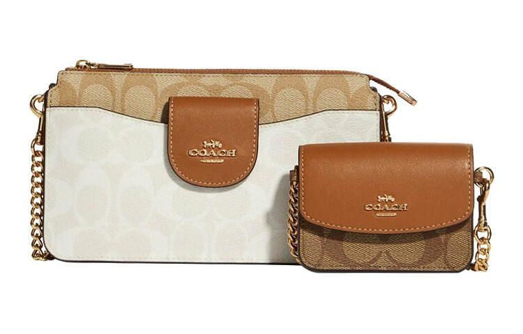COACH Canvas With Smooth Leather Crossbody Bags Small Women's White & Khaki & Brown