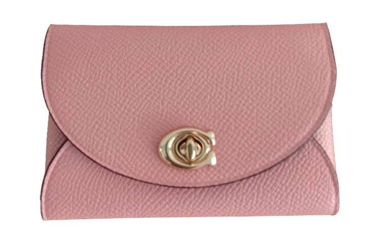 COACH Turnlock Cross Grain Leather Card Holder, Wallet Women's Pink