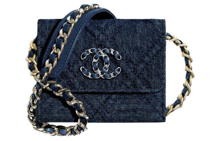 CHANEL Denim Fabric Coin Purse, Crossbody Bag, Shoulder Bag Unisex Dark Blue