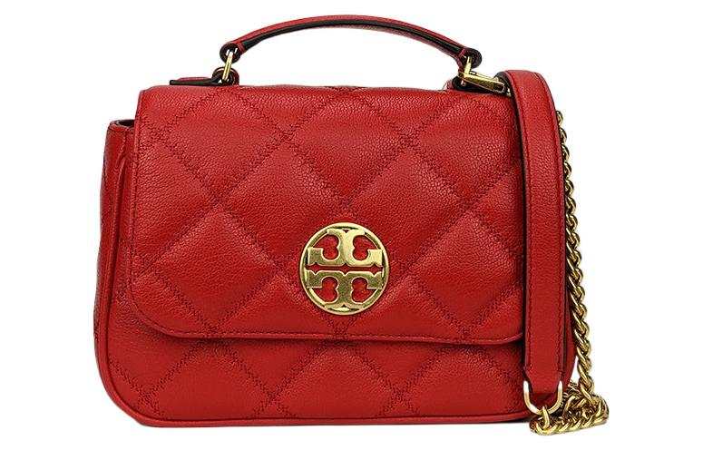 TORY BURCH Willa Diamond Pattern Sheepskin With Caviar Leather Messenger Bag, Handbag Mini Women's Red