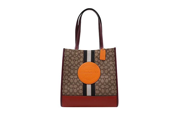 COACH Dempsey Fabric With Leather Tote Bag, Shopping Bag, Shoulder Bag Large Women's Red Orange & Brown