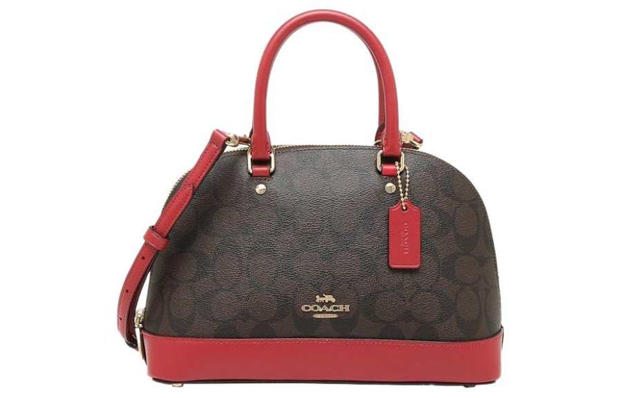 COACH Sierra Monogram Canvas With Leather Dome Bag, Handbag, Shoulder Bag, Crossbody Bag Large Women's Dark Brown & Red