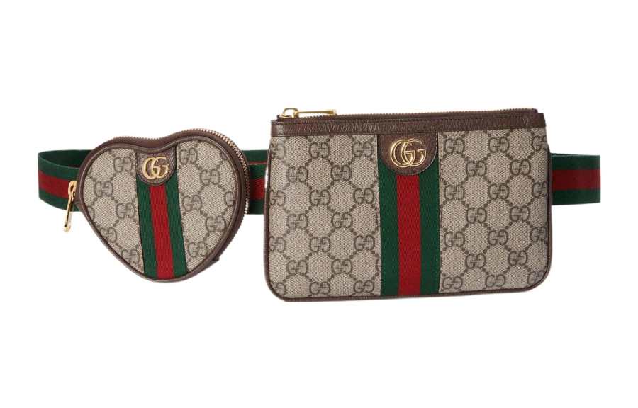 GUCCI Ophidia Leather Trim Heart Coin Combo Bag, Clutch, Fanny Pack Unisex Ebony/Brown