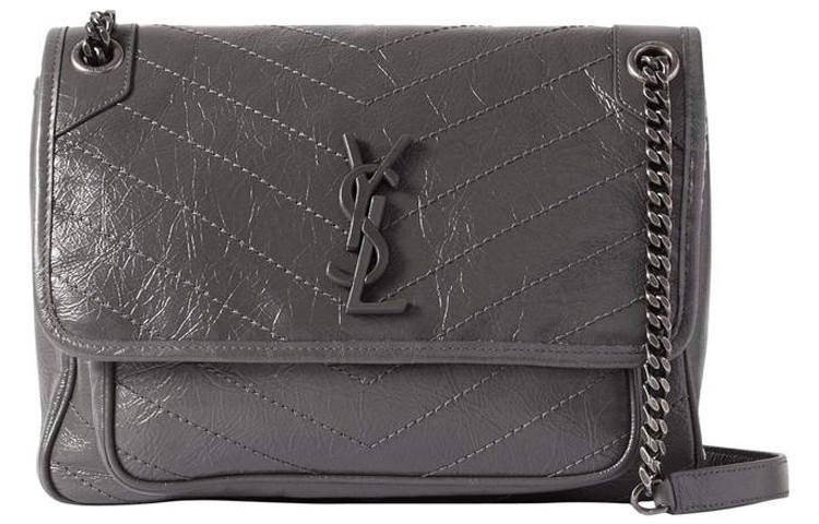 SAINT LAURENT Cow Leather Hobo Bag, Crossbody Bag, Shoulder Bag Medium Women's Gray White