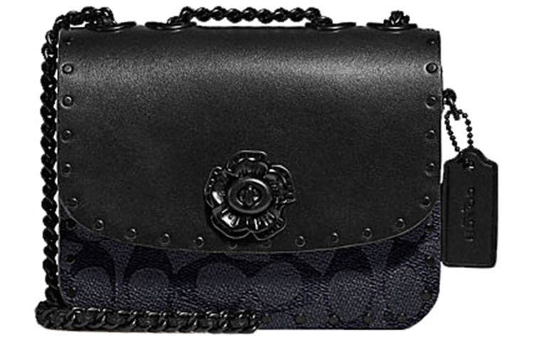 COACH Calfskin Leather Small Square Bag, Crossbody Bag, Shoulder Bag Small Women's Black Monogram