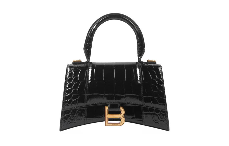 Balenciaga Crocodile Embossed Hourglass Top Handle Xs Black