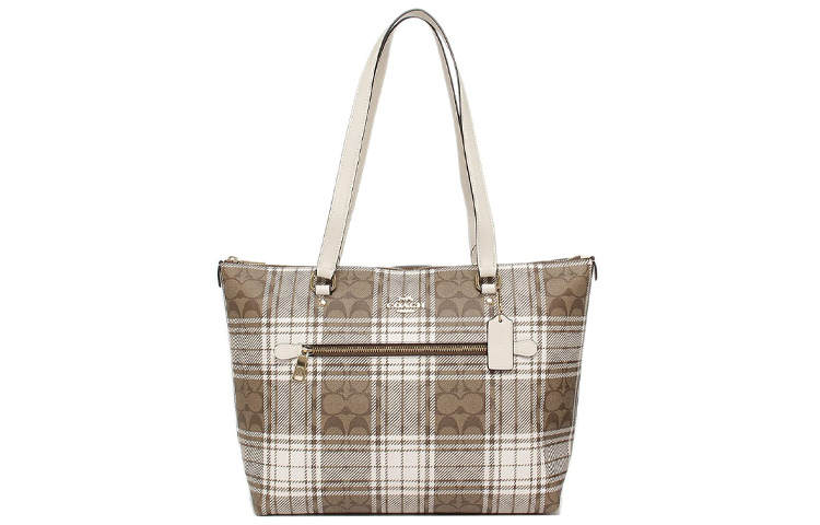 COACH Coated Canvas With Leather Tote Bag, Shopping Bag, Shoulder Bag Large Women's Khaki & White