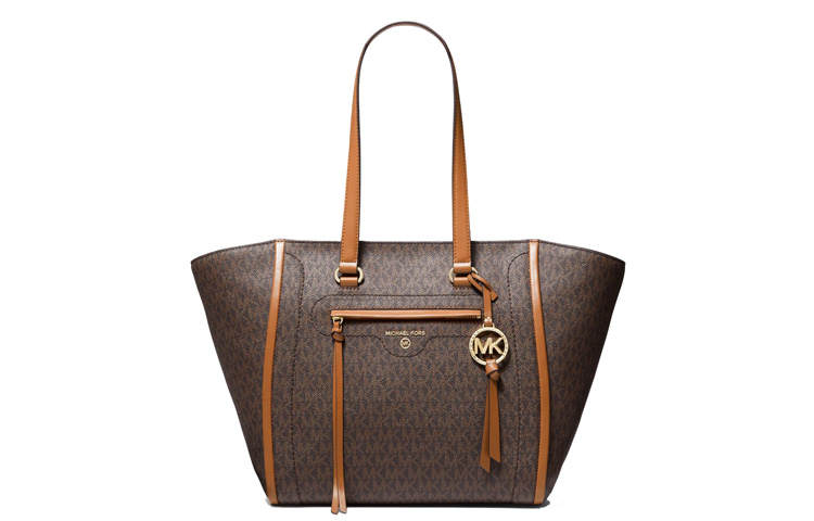 MICHAEL KORS Carine Canvas Tote Bag, Shopping Bag, Handbag, Shoulder Bag Medium Women's Dark Brown & Acorn Brown