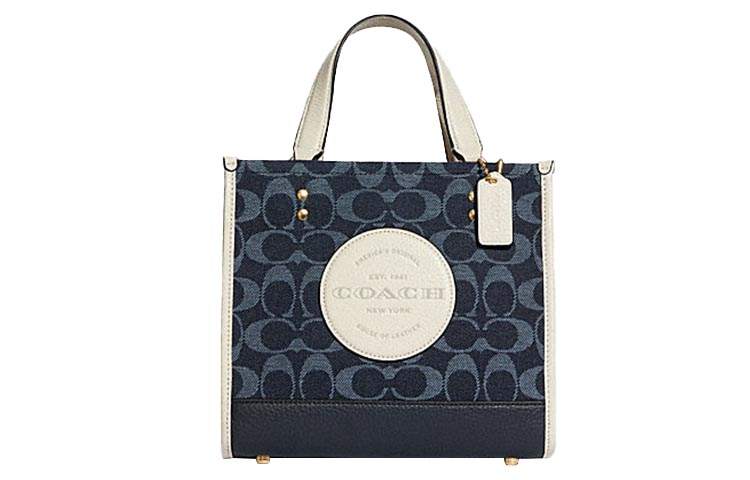 COACH Dempsey Cow Leather Tote Bag, Shopping Bag, Shoulder Bag, Crossbody Bag, Handbag Small Women's Denim Blue & White