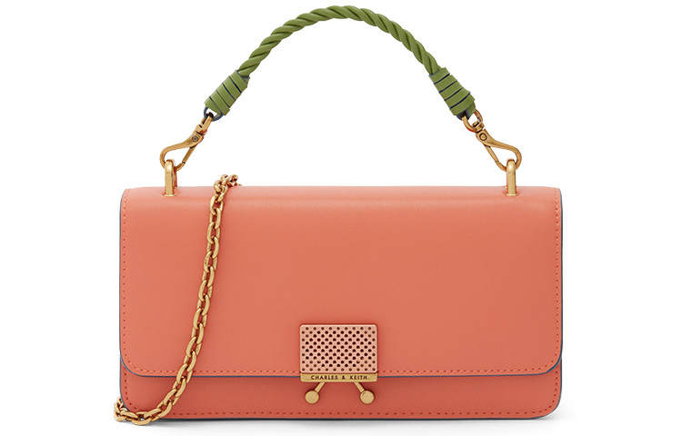 CHARLES&KEITH Microfiber Synthetic Leather Crossbody Bag, Wallet Regular Women's Orange/Dark Oak/Sand
