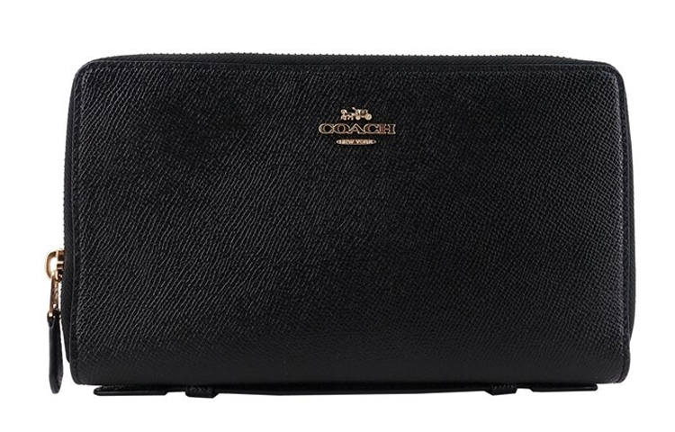 COACH Double Zip Wallet Cow Leather Clutch Small Women's Black