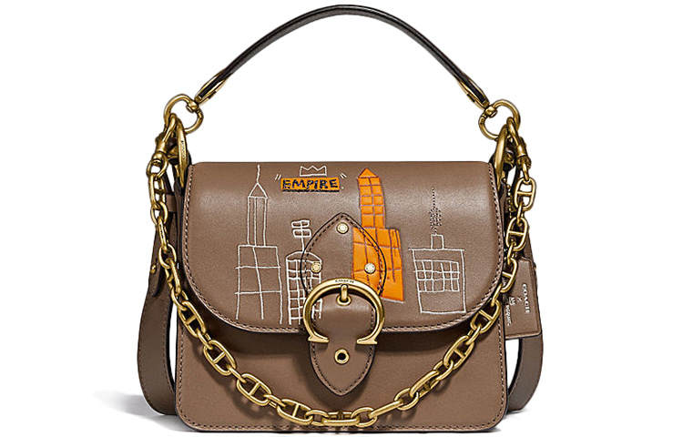 COACH X Basquiat Beat 18 Collaboration Leather Square Bag, Portable Crossbody Bag, Shoulder Bag Small Women's Tan