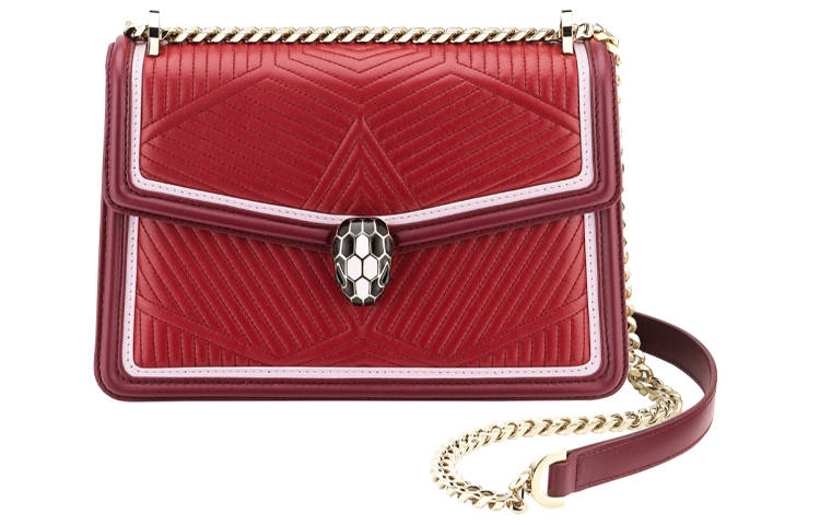 BVLGARI Serpenti Diamond Blast Quilting Calfskin Trim Crossbody Bag, Shoulder Bag Women's Ruby Red