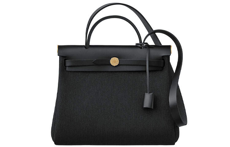 HERMES Herbag Zip Canvas With Hunter Cow Leather Shoulder Bag, Crossbody Bag, Handbag 31 Unisex Black