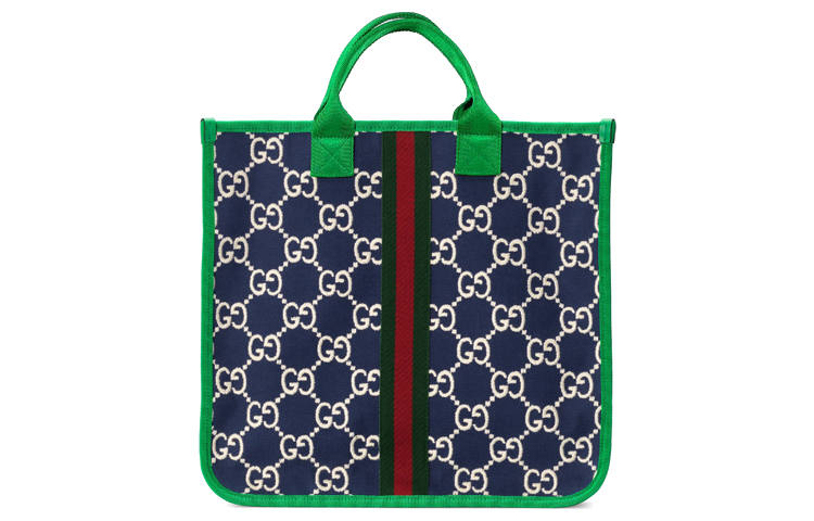 GUCCI Cotton Pique With Leather Tote Bag, Shopping Bag, Handbag Regular Kids' Dark Blue/Green