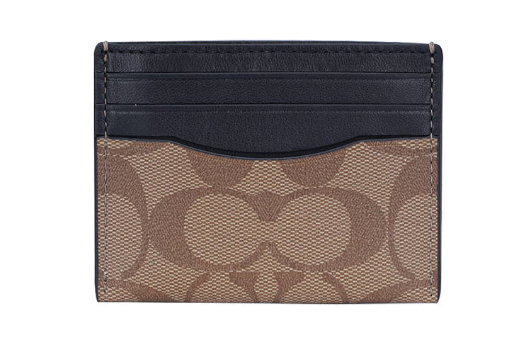 COACH Card Case Coated Canvas With Leather Card Holder, Wallet Men's Black & Tan & Khaki Monogram