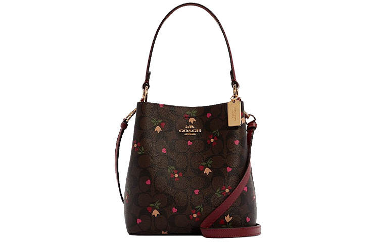 COACH Town Canvas With Leather Bucket Bag, Handbag, Shoulder Bag, Crossbody Bag Small Women's Brown & Burgundy