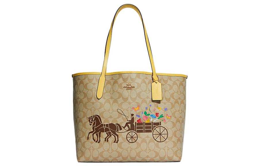 COACH City Artificial Leather Tote Bag, Shopping Bag, Handbag, Shoulder Bag Women's Khaki
