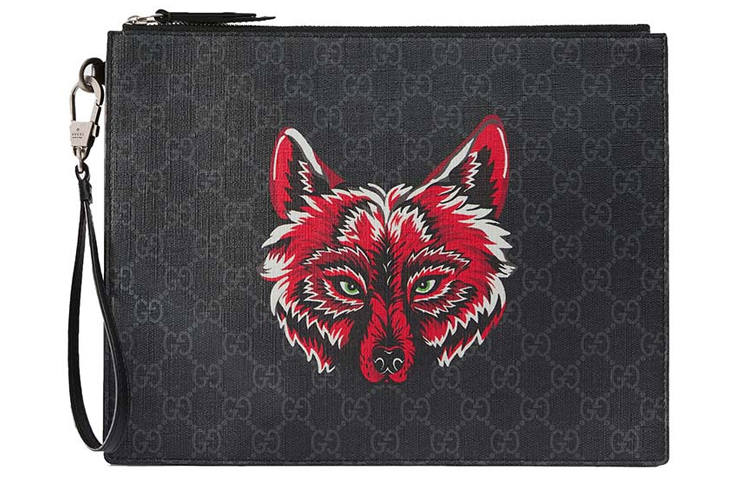 GUCCI Canvas With Leather Clutch Regular Men's Black Gray/Red