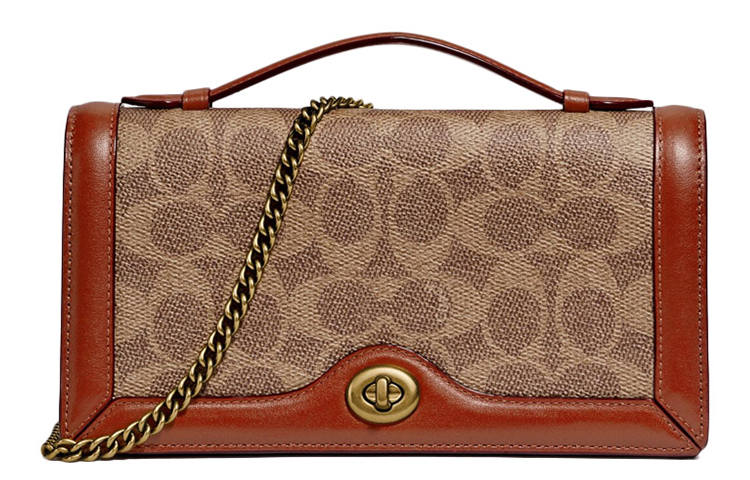 COACH Riley Leather Small Square Bag, Handbag, Shoulder Bag, Crossbody Bag Small Women's Red & Brown & Umber Monogram