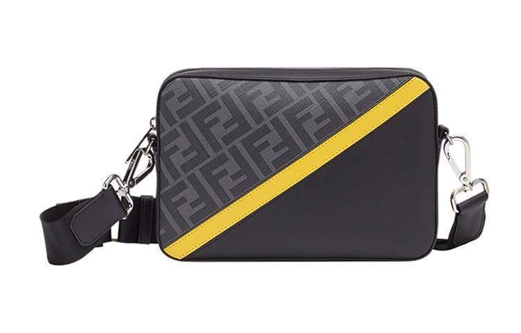FENDI Coated Canvas With Leather Camera Bag, Crossbody Bag, Shoulder Bag Regular Men's Black & Gray & Yellow