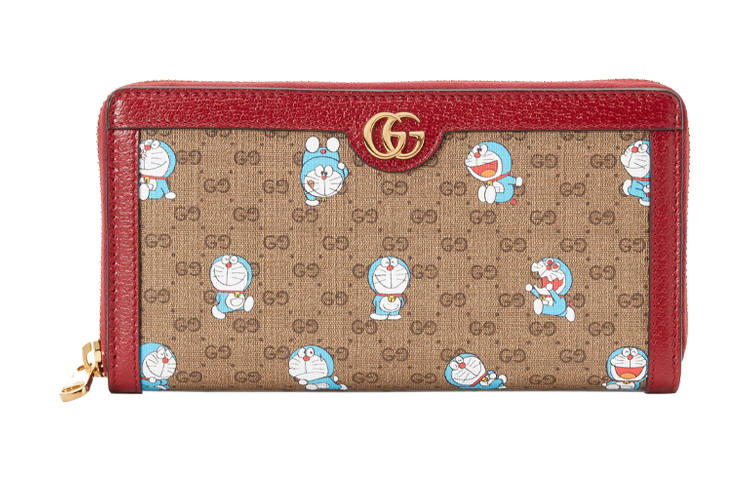GUCCI Doraemon Collaboration Canvas With Leather Long Zip Closure Wallet Unisex Ebony/Red