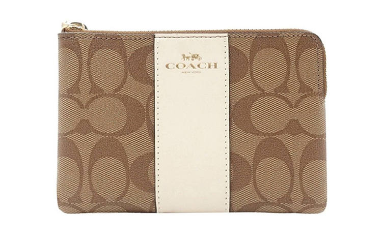 COACH Leather Pochette Coin Purse Wrist Bag Clutch Small Women's Khaki, White