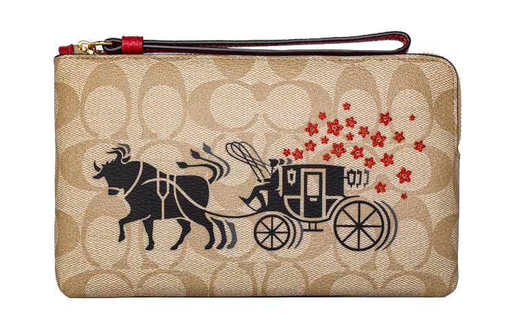 COACH Corner Zip Coated Canvas With Leather Coin Purse Pochette Wrist Bag Clutch Women's Beige/Brown