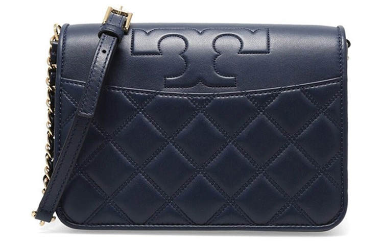 TORY BURCH Fleming Flap Leather Plaid Quilting Shoulder Bag, Crossbody Bag Medium Women's Dark Blue