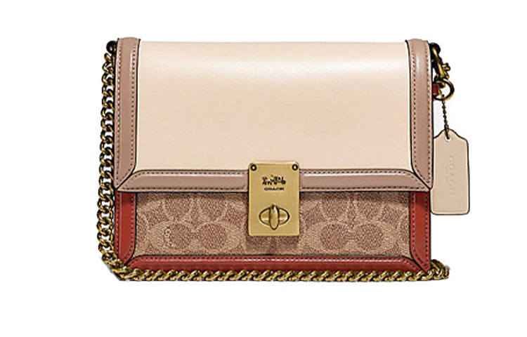 COACH Hutton Leather Small Square Bag, Chain Bag, Handbag, Crossbody Bag, Shoulder Bag Women's Brown White Multicolor